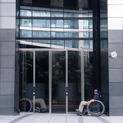 תמונה של מרותק לכיסא גלגלים מול בניין עסק